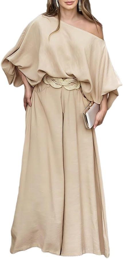 CHICME Women Summer 2 Piece Outfits Off Shoulder Top Flowy Wide Leg Pants Set Vacation Travel Airport Outfits XL