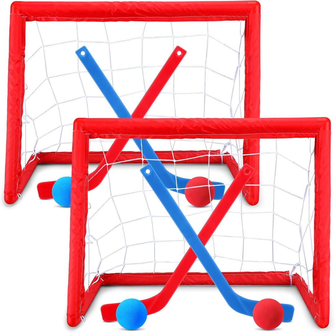 Leyndo 2 Sets Kids Mini Hockey Set Includes 2 Hockey Nets 2 Mini Hockey Goal 4 Plastic Mini Hockey Sticks 4 Foam Balls Knee Hockey Goal Hockey Ball for Kids Indoor Floor(Bright Color) (Mainly Red and Blue)