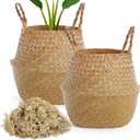 Large Wicker Plant Basket with Handle 10 Inch Woven Seagrass Belly Basket and Artificial Moss for House Plants Picnic Grocery Laundry Storage Home Decor(Large,Original,2 Pack)