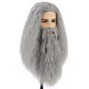 Mens Long Gray Wig with Beard Old Man Grey Wizard Wig Heat Resistant Synthetic Hair for Halloween Cosplay Costume Party