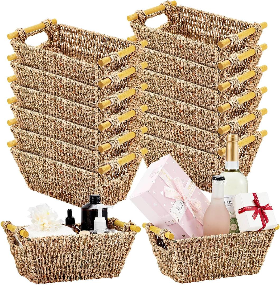 Marsui 12 Pcs Small Hand Woven Wicker Baskets with Wooden Handles, Seagrass Rattan Storage Baskets Bin Organizer Shelf Pantry for Bathroom Storage Towel Kitchen Washroom Gifts Decor, 9" x 6" x 4"