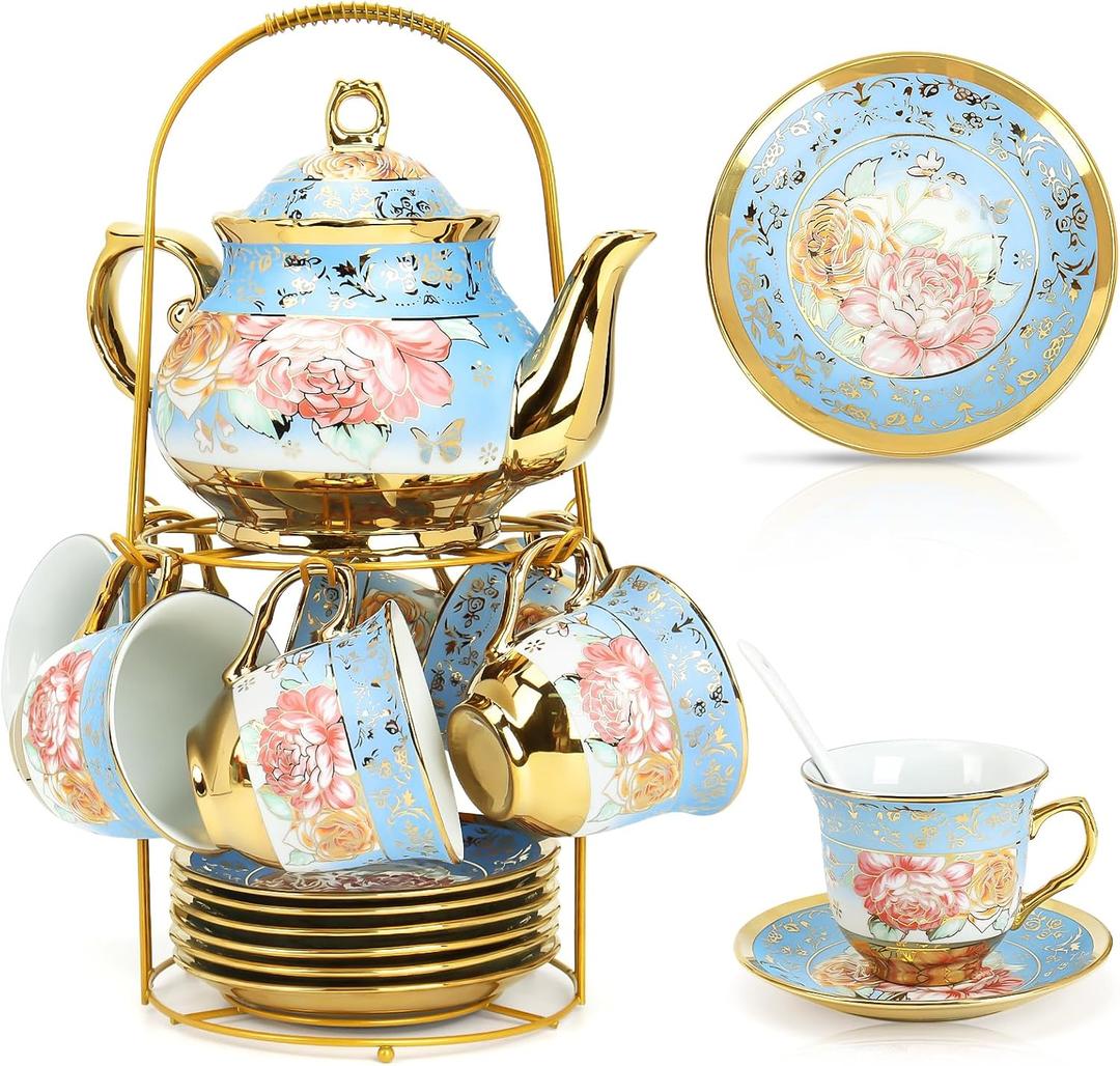 20 Pcs Porcelain Tea Set with Metal Holder, Adult Tea Set Gift, European Ceramic Tea Set for Adults, Flower Tea Cup Saucer Set for Party With Gold Flower Painting (Serene Blue)