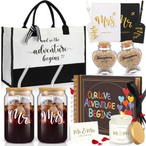 12 Pcs Wedding Honeymoon Gifts for Couple Mr Mrs Bridal Shower Engagement Gifts with Glass Adventure Book Scrapbook Passport Holder Baggage Tags Jar Tote Bag