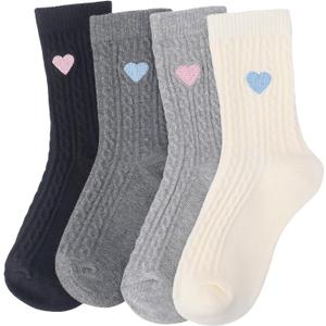 4 Pairs Womens Crew Socks Casual Knit Cotton Socks with Heart Design | Warm Comfy Breathable Sock for Everyday Casual Dress Wear