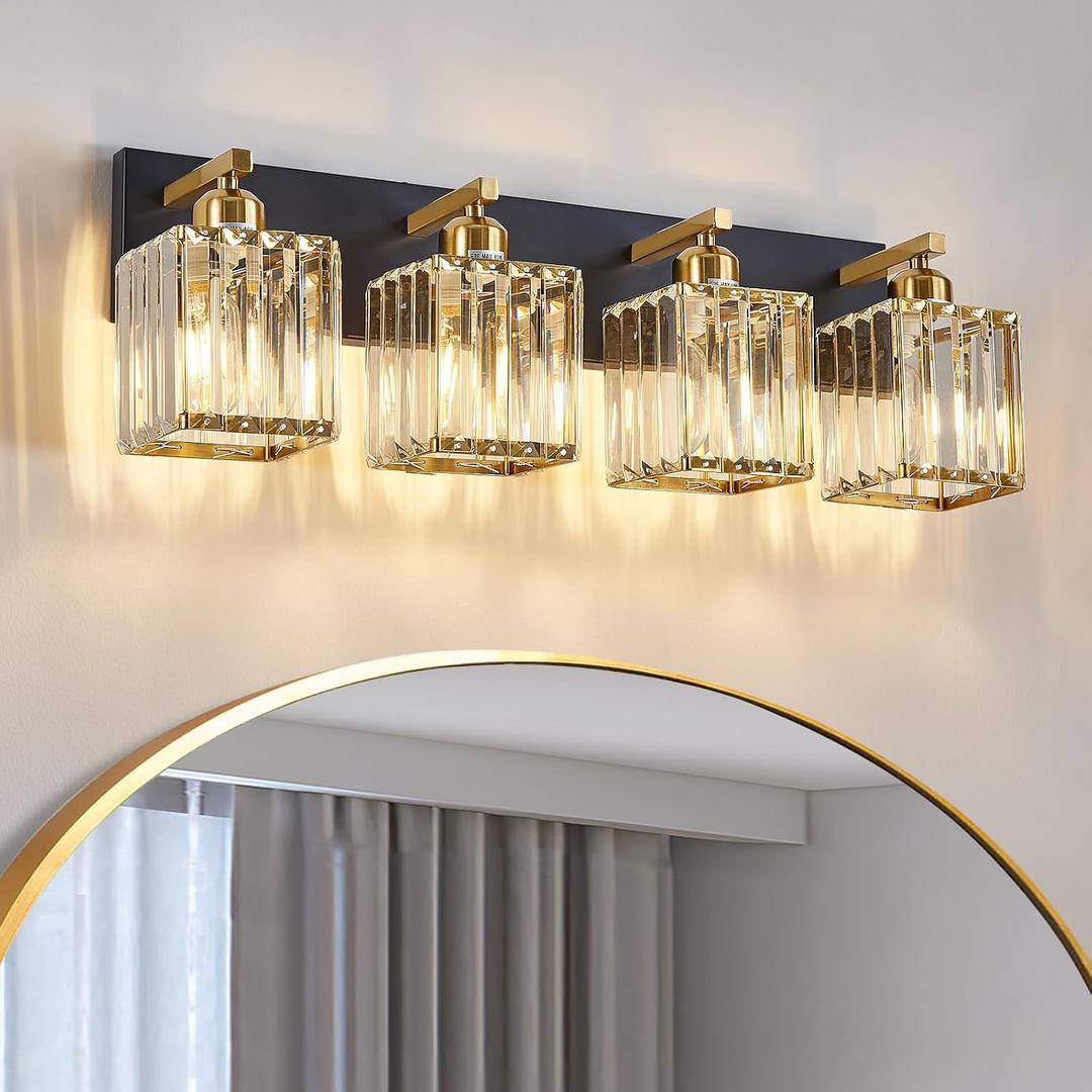 Modern Crystal Bathroom Vanity Light 4-Lights Modern Black Gold Crystal Bathroom Wall Light Over Mirror Vanity Light Fixtures