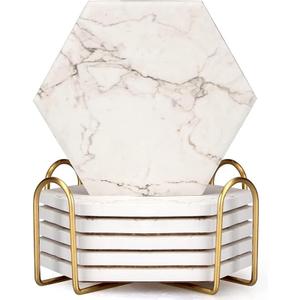 6 Pack Cute Marble Absorbent Stone Coaster Set with Holder Cool Cork Coster Modern White Ceramic Coasters Bar Desk Cup Drink Coasters Funny Coffee Table Decor Kitchen Unique Coster posavasos (Gray)