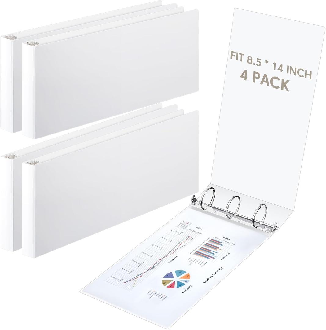 4 Pcs 8.5'' x 14'' Landscape 3 Ring Legal Size Binders 2 Inch Round Ring Binders Heavy Duty Economy Holds 8.5 '' x 14'' Paper for Artwork Blueprints, Office, Home, Work Places (White)