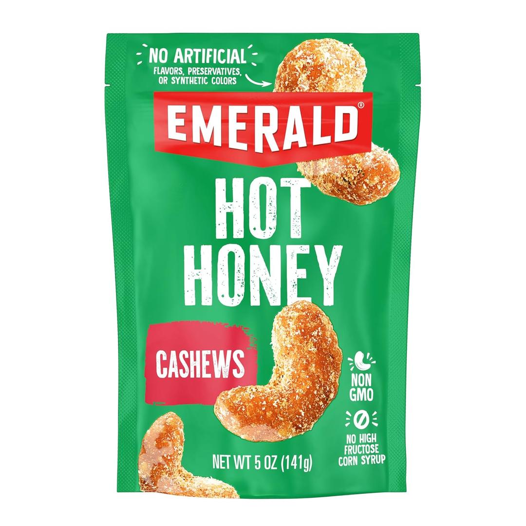 Emerald Nuts Hot Honey Cashews (1-Pack) | 5oz Resealable Bag | Kosher Dairy Certified, Non-GMO, Contains No Artificial Preservatives, Flavors or Synthetic Colors (Best By: 05/22/2026)