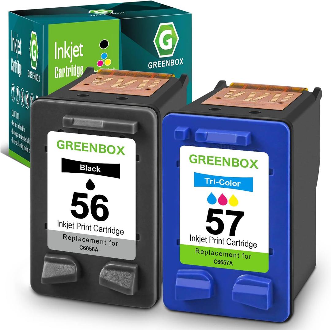 GREENBOX Remanufactured 56 57 Ink Cartridges Combo Pack Compatible for HP Deskjet 5550 5650 5150 Photosmart 7350 7260 7450 7550 PSC 2210 Printer,2Pk for 56 57 C6656AN C6657A Ink (1 Black 1 Tri-Color)