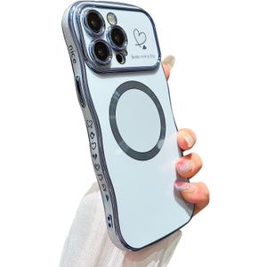 ZONRW for iPhone 15 Pro Max Case Magnetic,for Women Girls Soft Cute Wave Frame Curly Shape Love Heart Luxury Plating Phone Case Compatible with MagSafe Shockproof Back Cover 6.7"-Blue