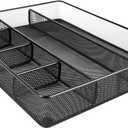 Amazon Basics Metal Mesh Desk Organizer with 6 Compartments, Anti-Slip Pen Holder Storage Tray for Office Supplies and Home, Black