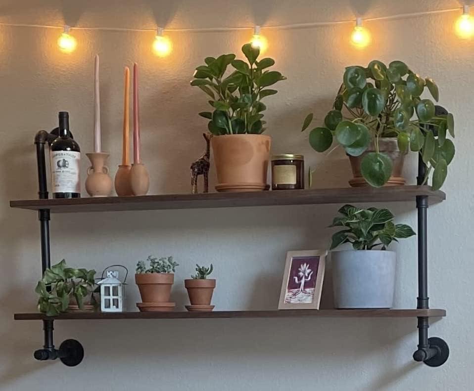 Industrial Pipe Wall Shelves Pipe Shelving with Real Wood Plank ,36 Inches Floating Shelves for Wall Farmhouse Pipe Book Shelves Dark Brown 2 Tier for Kitchen,Living Room Decor and Bar Shelving, 9.8D x 36W x 29H in