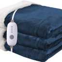 Heated Blanket Electric Throw Size 50''x60'' with 5 Heating Levels, 3 Hour Auto Shut Off, Machine Washable, Flannel & Sherpa Double-Sided Soft Warming Blanket for Couch, Bed, Office - Navy Blue