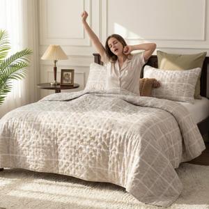 BOV Beige Cream Tan Queen Size Quilts Bedding Sets, Neutral Lightweight Soft Bedspread Coverlet with 2 Pillow Shams, Quilted Blanket Thin Comforter Bed Cover for All Season, 3 Pieces, 92x90 inches