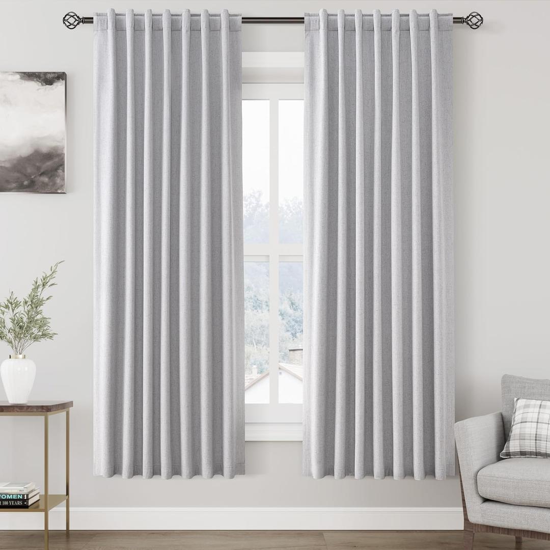 Nanspring Light Grey 100% Blackout Linen Curtains for Bedroom 72 Inches Long Back Tab Thermal Insulated Modern Luxury Simple Black Out Curtain for Living Room Dining Room Drapes 52x72, 2 Panels