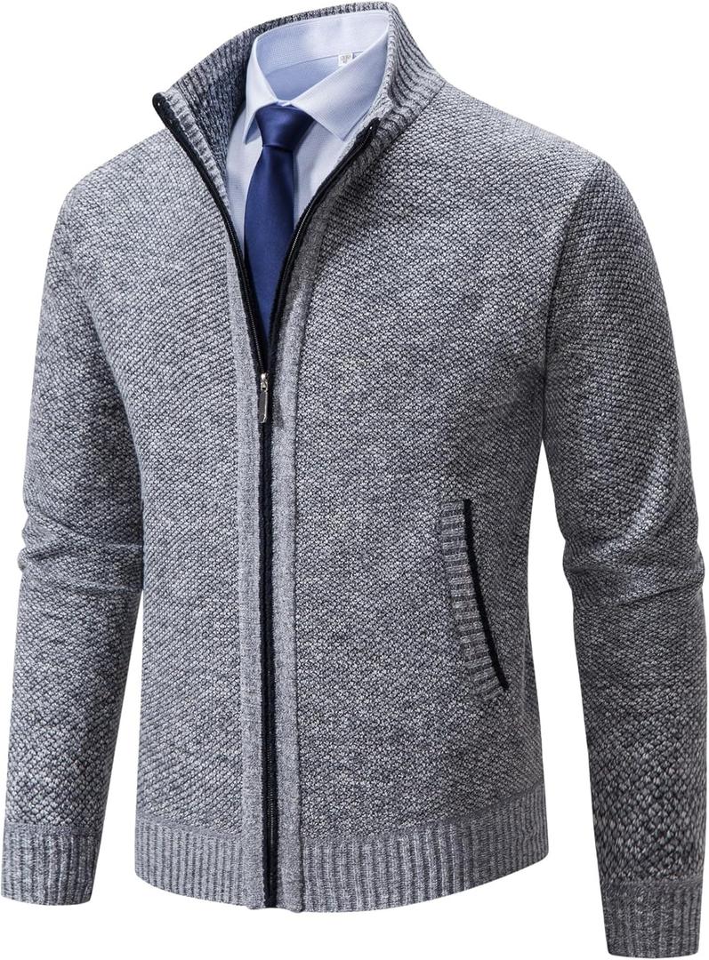 Men's Cardigan Sweaters Full Zip Up Stand Collar Slim Fit Casual Knitted Sweater with 2 Front Pockets (X-Large, 1/Light Grey)