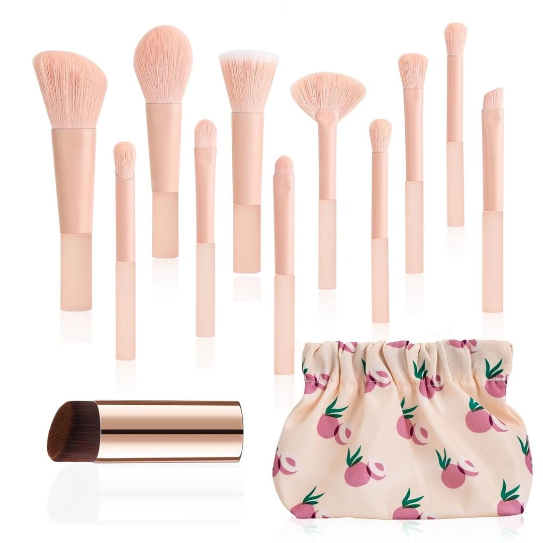 11 Pcs Mini Travel Makeup Brush Set With Case, Professional Premium Synthetic Kabuki Powder Foundation Blush Fan Highlight Eye Blending Shadows Concealer and Lips Brush Kit for Travel