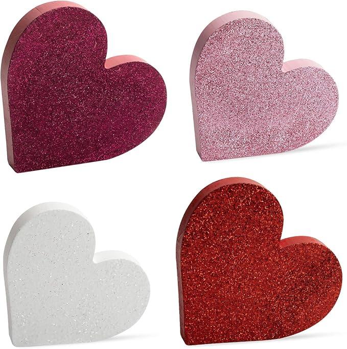 COCHIE Wooden Hearts Valentines Decorations Indoor, Wood Heart Blocks Tiered Tray Decor Set of 4, Red Pink White Valentine Decoration for Home Party Office Shelf Door (Glitter)