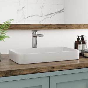 Bathroom Vessel Sink, DeerValley 19'' x 12'' Semi Recessed Bathroom Sink Rectangular White Ceramic Vessel Sinks for Bathroom Modern Bath Sink Bowl Vanity Sinks Above Counter Basin DV-1V0047