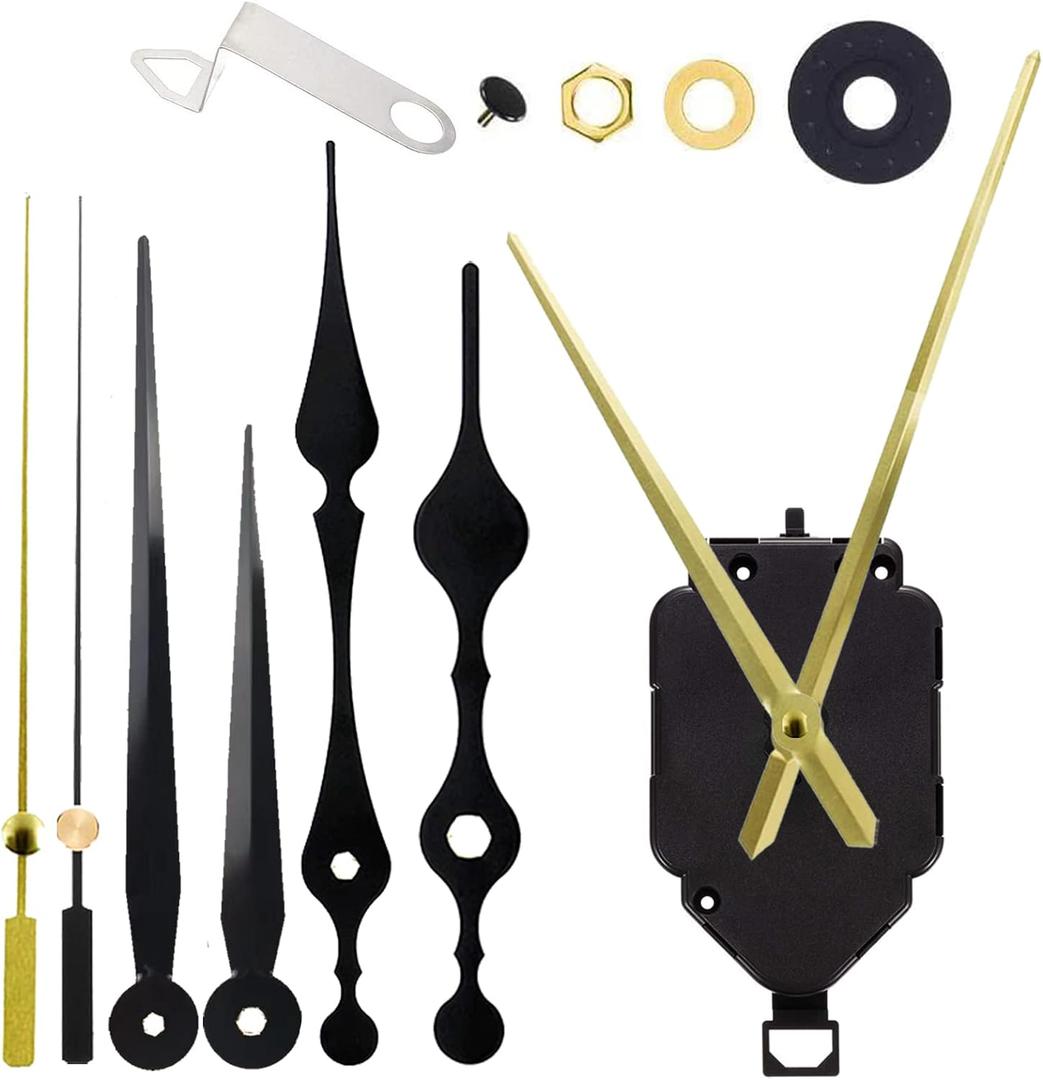 Non-Ticking Quartz DIY Wall Pendulum Clock Movement Mechanism with 6.7 in Long Spade Hand Battery Operated Repair Parts Replacement with 3 Pairs of Hand, 15/32 in Max Dial Thick, 9/10 in Shaft Length