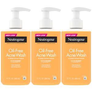 Neutrogena Oil-Free Acne Wash, Acne Fighting Facial Cleanser with Salicylic Acid Medicine, Acne Treatment for Face, Non-Comedogenic, Residue-Free, 9.1 fl oz Pump Bottles, 3 Pack