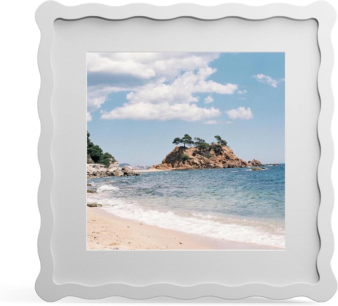 10x10 Picture Frame with Mat for 8x8, Wavy Edge Wooden Real Glass Photo Frame for Tabletop and Wall Hanging, White, 1 Pack