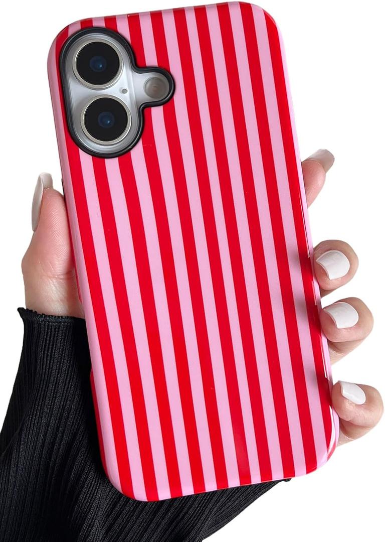 Longlayss Compatible with iPhone 17 Case Cute Aesthetic Striped Phone Case for Women Girl Shockproof Slim TPU and Hard PC Protective Cover (Pink and Red)