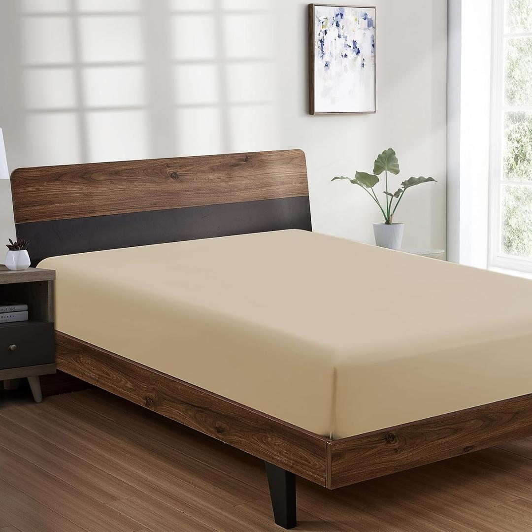FreshCulture Twin Fitted Sheet - Hotel Quality - Ultra Soft & Breathable - Brushed Microfiber - Deep Pocket - Cooling Fitted Sheet for Twin Size Bed (Beige)
