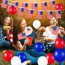 4th of July Decorations 33ft American String Flags Banner+ 10Pcs Handheld USA Stick Flag+ 30Pcs Red White Blue Balloons+2 Sheet Stickers Party Decor for 4th of July America Patriotic Day Memorial Day
