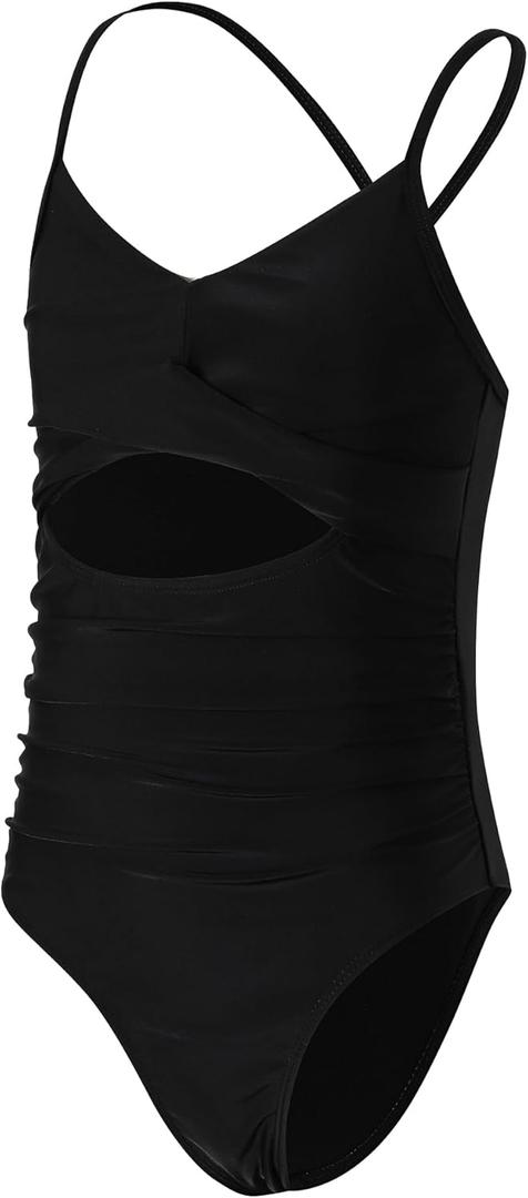 Girls Swimsuit One Piece Bathing Suit for Girl Swimsuits Kids Cut Out Ruched Girls' Swimwear Beach Sport (14Y, Black)
