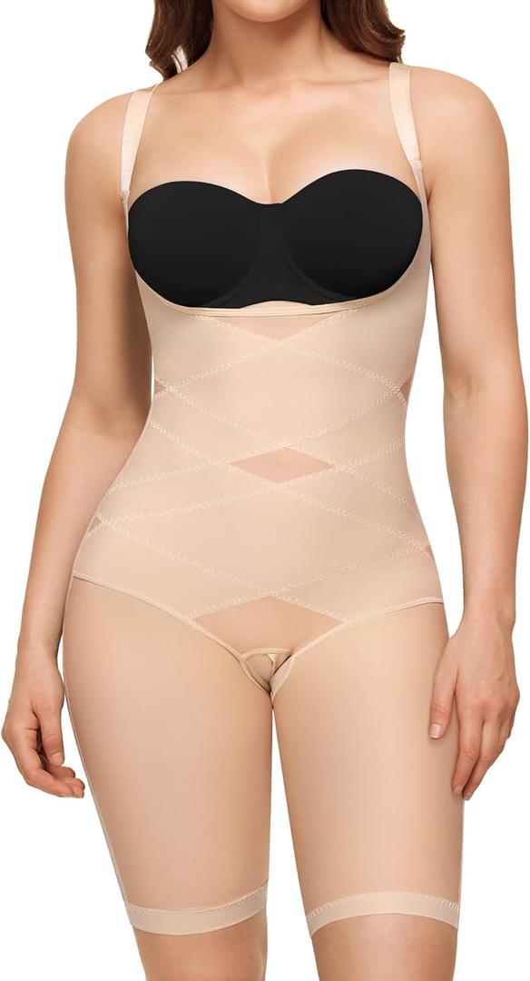 Nebility Women's Full Body Shapewear Bodysuit - Open Bust Shapewear Tummy Control Faja Body Shaper Seamless Girdle (Large, Beige)
