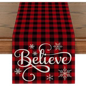 Artoid Mode Red and Black Buffalo Plaid Believe Table Runner, Seasonal Winter Christmas Holiday Kitchen Dining Table Decoration for Indoor Outdoor Home Party Decor 13 x 72 Inch