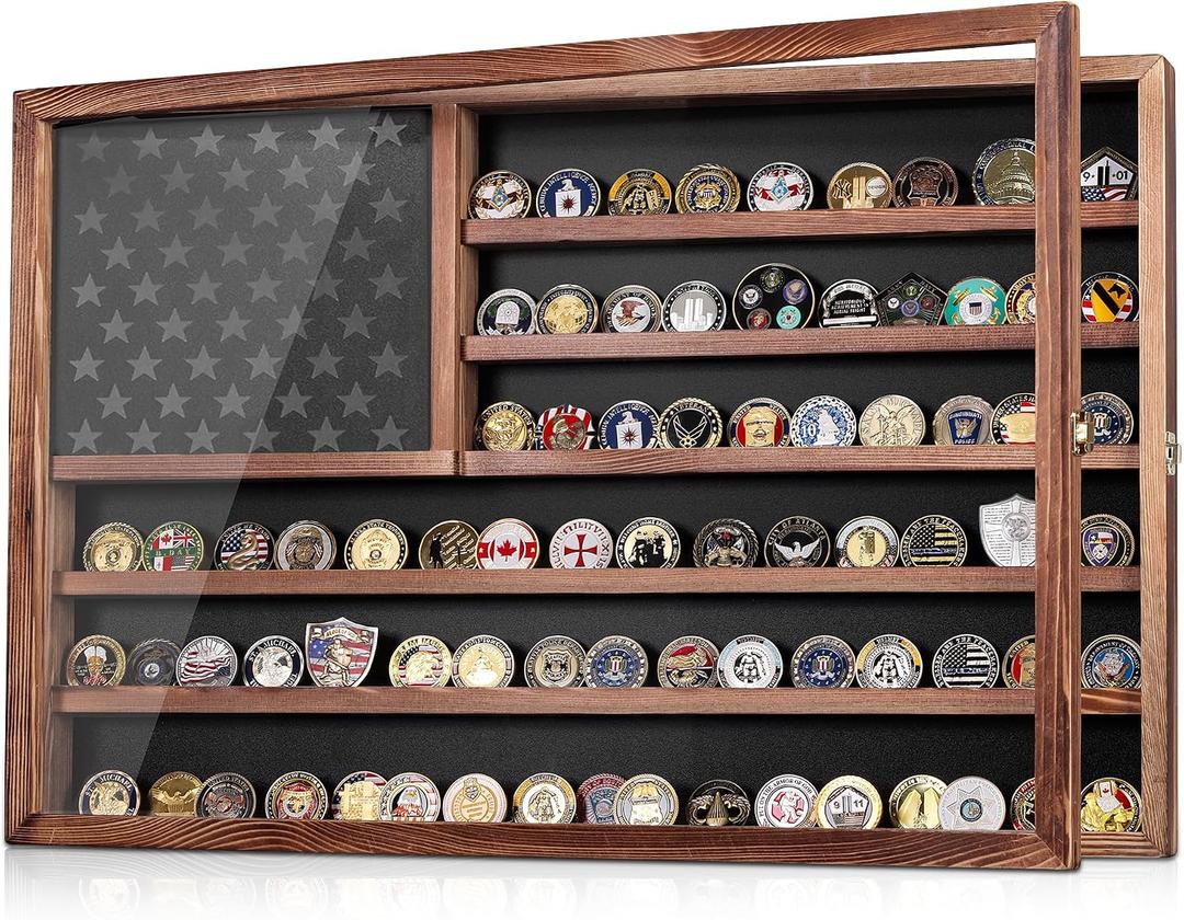 Challenge Coin Display Case, Lockable Military Coin Holder Cabinet with Removable Star Board & HD Tempered Glass Door (27.6" L x 18.1" W), Solid Wood Wall Mount Coins Collection Rack Stand