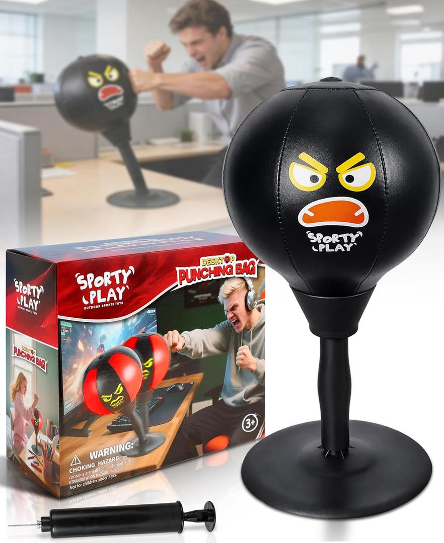 Desktop Punching Bag with Double Suction Cup Base for Stress Relief, Upgraded Spring & Durable Tabletop Boxing Ball for Office or Home, Fun Gift for Men, Women & All Ages (Black)