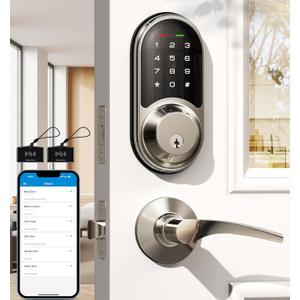 Veise RZ06B Smart Lock for Front Door, 2 Lever Handle Set, Keyless Entry Deadbolt, App Control, Electronic Digital Touchscreen Keypad, Auto Lock, IP54 Waterproof, Easy Installation, Satin Nickel