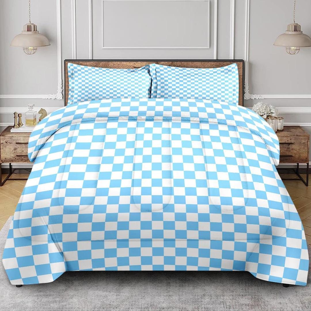 Comforter Set of 3, Queen, Blue Checkered Decor Bedroom