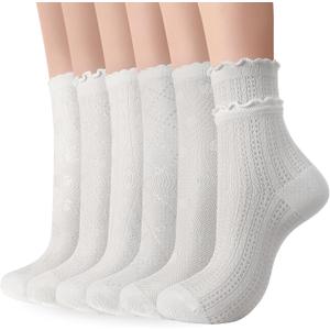6 Pairs Women's Ruffle Socks Cool Casual Summer Ultra Socks Cute Thin sheer Friily Cotton Crew Sock (White)
