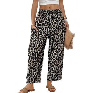 Sampeel Women's Leopard Print Wide Leg Pants Capri Barrel Cute Summer Beach Pants Palazzo High Waist Trousers Pockets Vacation Outfits Business Casual Y2K Clothes Fashion Clothing S
