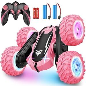 KKONES Remote Control Car, 2.4GHz Double Sided 360 Flips Rotating Electric Race RC Stunt Car, LED Wheel & Headlight High Speed Off Road Cars Toy Gift for 3 4 5 6 7 8-12 Year Old Boy Toys (Pink)