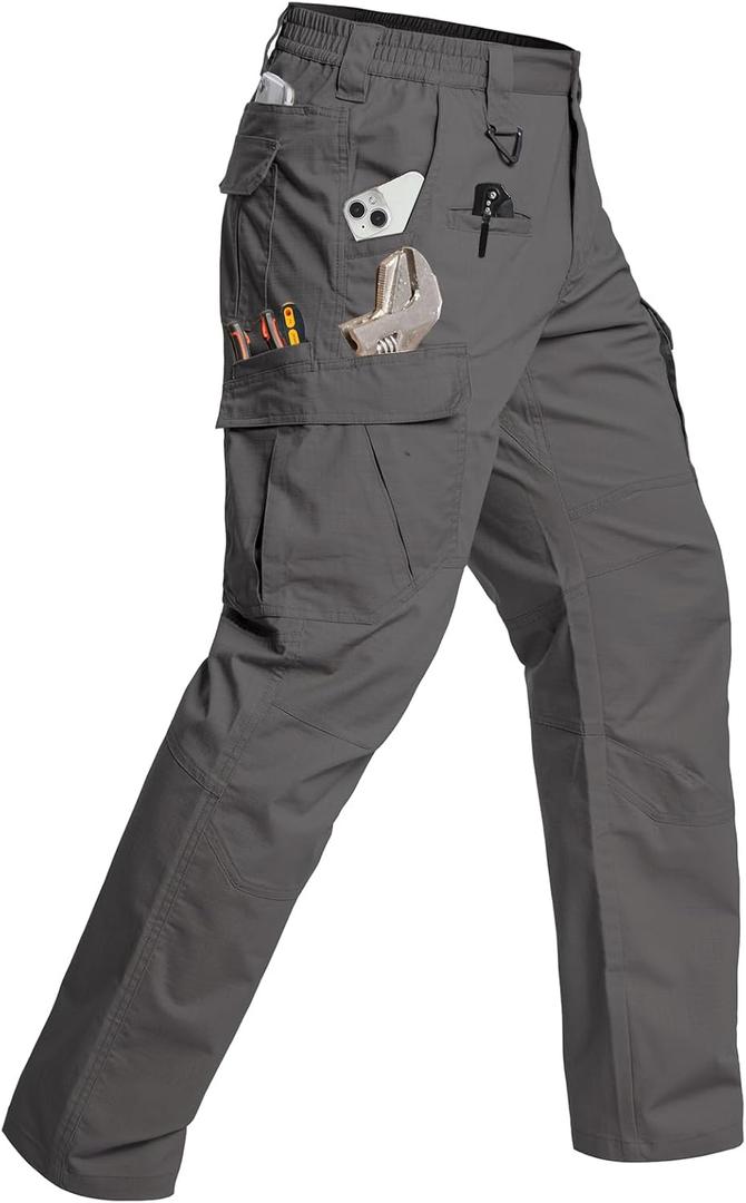 CARWORNIC Men's Stretch Tactical Work Pants Flex Ripstop Water Resistant EDC Utility Hiking Cargo Pants with 12 Pockets (38W x 32L, Dark Grey)