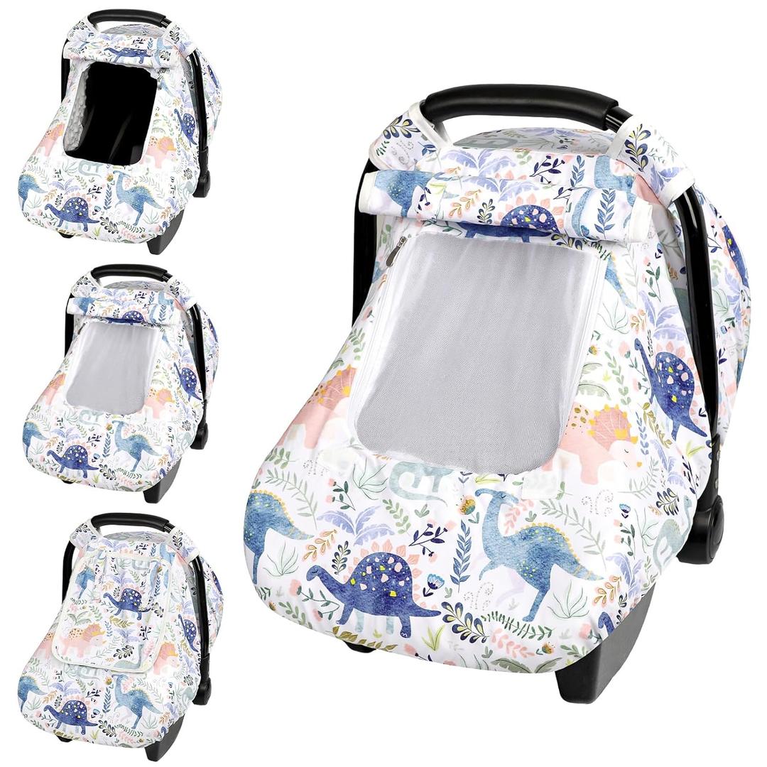 Pea Pod Car Seat Cover Baby Boy, Infant Car Seat Canopy Covers for Newborn with 2 Layers Windows of Breathable Mesh Fabric, Lightweight Polyester/Soft Minky Dot Backing (Single Zipper, Cute Dinosaur)