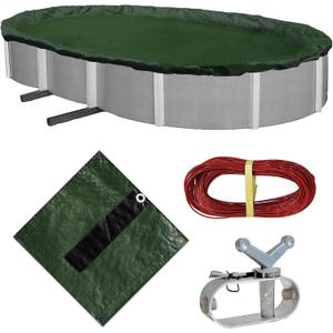Blue Wave Silver 12-Year 12 ft x 20 ft Oval Above Ground Pool Cover for Winter, Durable & Weather-Resistant Polyethylene, 4-Ft Overlap, Black Underside, Reinforced Grommets, Winch, Cable, Forest Green