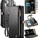 Defencase Compatible with iPhone 13 Case Wallet with RFID Blocking Card Holder for Women and Men, Fashion PU Leather Magnetic Snap Flip Zipper Strap Wallet Phone Case Fit for iPhone 13 6.1", Black