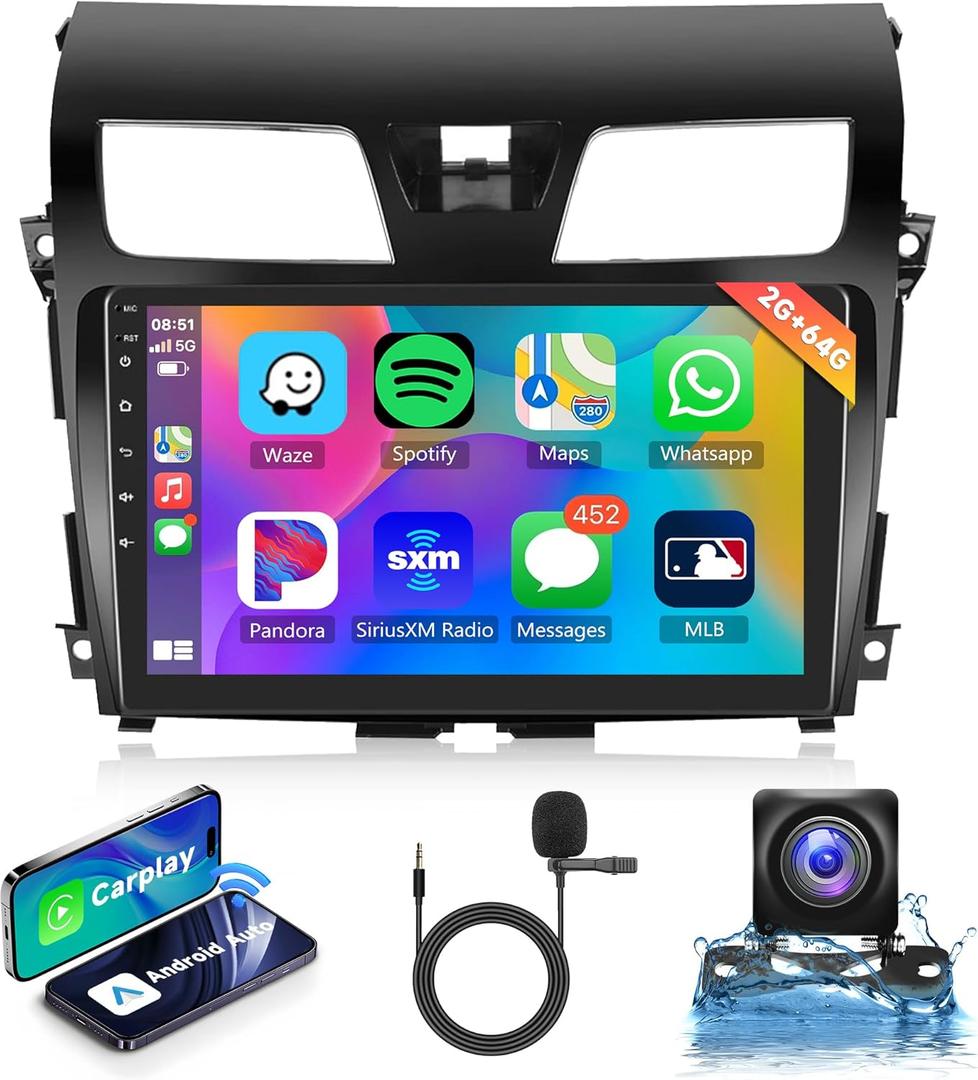 2+64G Android Car Radio Stereo for Nissan Altima 2013-2015, Wireless Carplay Android Auto, 10.1'' Touch Screen Head Unit with Bluetooth GPS Navigation Mirror Link WiFi FM/RDS EQ AHD Backup Camera SWC