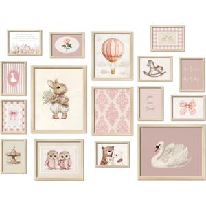 16 PCS Framed Pink Nursery Wall Art Decor, Vintage Baby Girl & Boy Nursery Decor, Kids Toddler Room Bedroom Playroom Decor, Animals Eclectic Gallery Wall Prints, Bear Duck Goose Rabbit (12"x15" Framed)