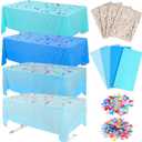 8 Pcs Fish Net Decorations and Tablecloth Set, Ocean Plastic Table Cloth and Cotton Fish Net Decorations Set for Nautical Themed Party Mermaid Birthday Party Baby Shower Pirate Decorations (Blue-2)
