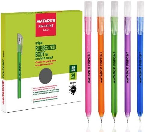 Matador Ballpoint for Journaling - Assorted Color Rubberized Body Fine Black Ink Pens - Writing Supplies for School (0.6 mm, 20 Counts)