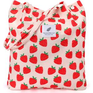 Tote Women Girls, Large Capacity Corduroy Reusable Grocery Shoulder Bag with Inner Pockets (Strawberry)