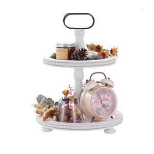 Urban Deco Wooden Decorative Tray Two Tiered Trays Decorations Round Serving Tray with Metal Handle, Wooden Cupcake Stand for Party Tiered Dessert Stand  Retro White Farmhouse Wood Tray