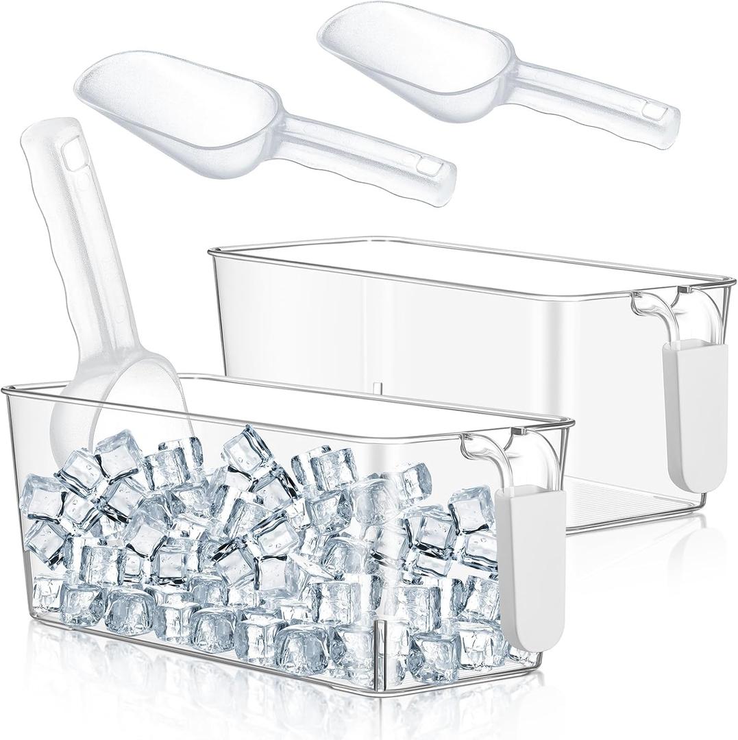 Havawish 2 Set Ice Bin and Flexible Scoop Set Plastic Freezer Ice Bin with Pull Out Handle Clear Storage  for Container with  Scoop(Grey,10.83 x 4.92 x 4.33 in) (Gray)